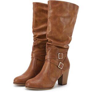 Women Brown Mid Knee High Boots Chunky Heel Slouchy Metal Buckle Winter Shoes